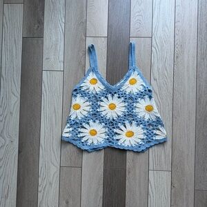 Rebellion Blue and White Floral Crochet Crop Top
